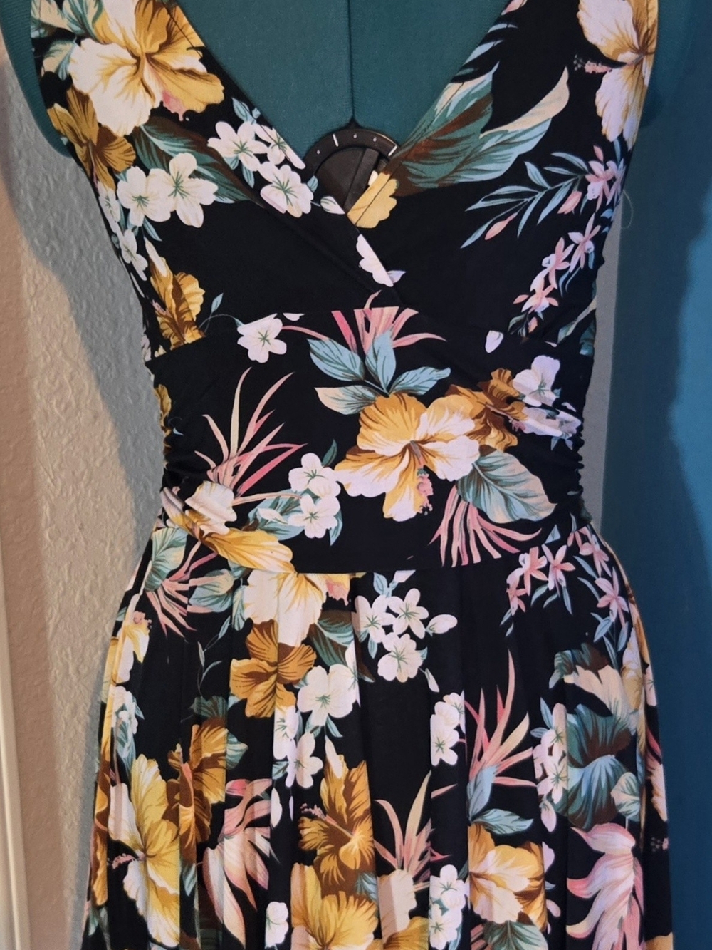 Floral V-Neck Black Maxi Dress with Yellow & Pink Blooms